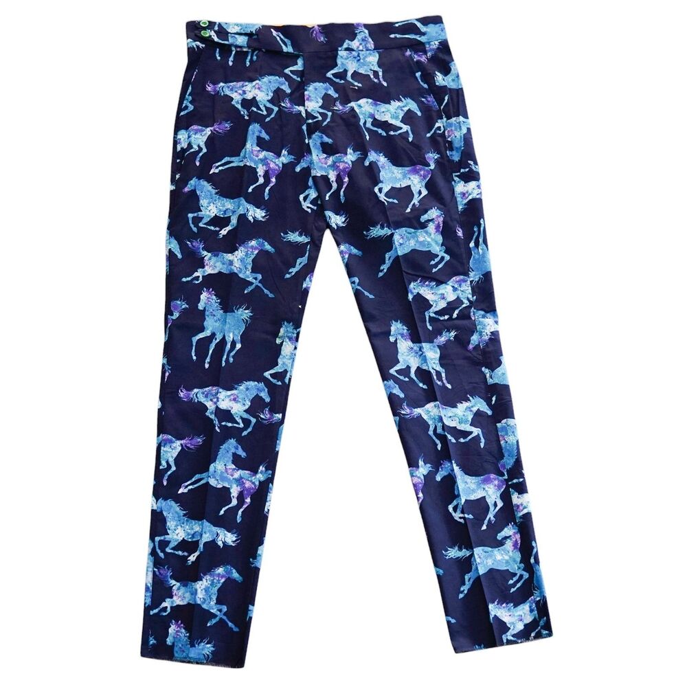 Mens 36 Blue Horse Print Gurkha Pants Cotton Flat Front Slim Fit Dress Trousers